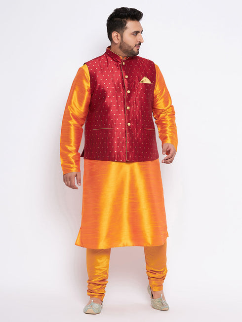Vastramay Men's Plus Size Maroon Zari Weaved Nehru Jacket With Kurta Pyjama set